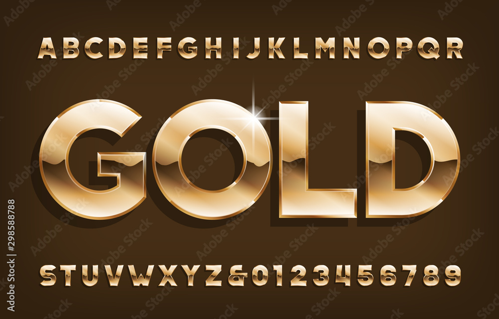 Fototapete gold alphabet font. shining golden letters and numbers with shadow. stock vector typescript for your