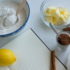 Top view of biscuit ingredients. Homemade bakery themes