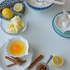 Top view of biscuit ingredients. Homemade bakery themes