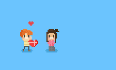 Pixel boy give a valentine heart to girl.8bit.