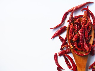 Red Chili powder in wooden spoon isolated on white background.