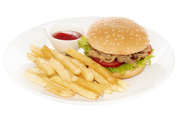 Asian style hamburger with fried potatoes on a plate. Isolated on a white background.