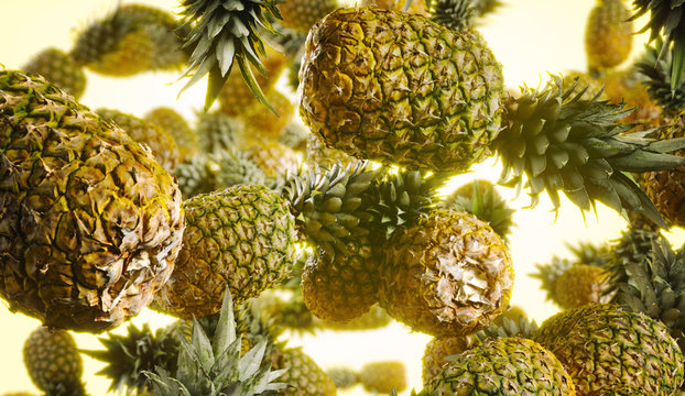Sweet juicy pineapples falling. Bright background. Represent freshness, vitamins, dieting and organic food, 3D illustration. 
