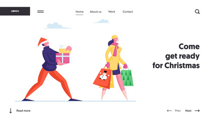 People Prepare Presents for Family and Friends on Winter Holidays Celebration Website Landing Page. Happy Man Carry Gift Boxes Woman with Paper Bags Web Page Banner. Cartoon Flat Vector Illustration