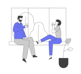 Young Loving Couple Sitting on Windowsill in Living Room Drinking Tea. Man and Woman Together on Weekend Evening. Love, Leisure, Family Sparetime, Day Off Cartoon Flat Vector Illustration, Line Art