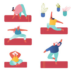 People Practicing Yoga Set. Yogi Women Group Doing Yoga Exercises on Mats at Studio. Fitness, Sport and Healthy Lifestyle Concept, Personal Trainer Workout Class. Cartoon Flat Vector Illustration