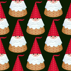 Seamless pattern. Paper Santa Claus in a red cap on a dark background