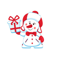 Cheerful snowman in a warm hat with a gift. Separate on a white background.