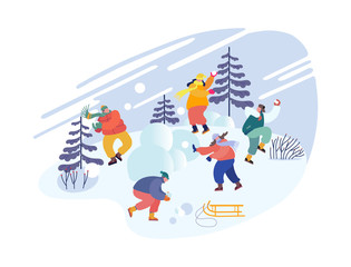 Christmas Holidays Activity. Snowballs Battle between Friends Teams. Happy Young People Company in Warm Clothes Fight with Snow Balls on Street on Wintertime Vacation. Cartoon Flat Vector Illustration