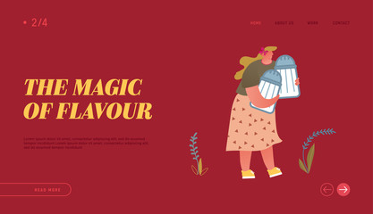 Cooking and Spice Website Landing Page. Cute Fatty Woman Holding Couple of Huge Salt Shakers. Female Character with Seasoning Ingredient for Food Dish Web Page Banner. Cartoon Flat Vector Illustration