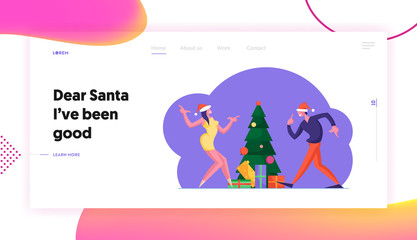 New Year or Christmas Celebration at Work or Home Website Landing Page. Happy Man and Woman Business People Dancing at Decorated Xmas Tree with Gifts Web Page Banner. Cartoon Flat Vector Illustration