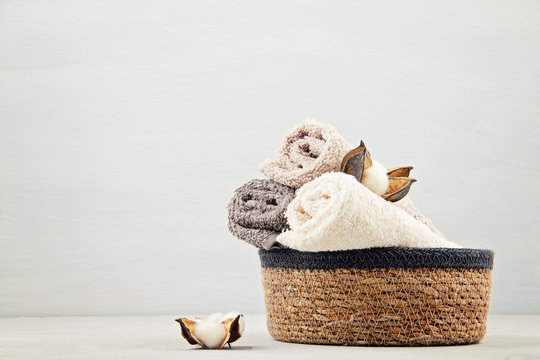 Spa and wellness composition with towels and beauty products. Wellness center, hotel, bodycare