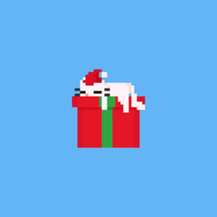 Pixel lazy cat sleeping on the gift box.Christmas.8bit.