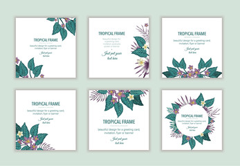 Fototapeta na wymiar Set of square tropical frame templates with leaves and flowers. Collection of exotic card design with place for text. Spring or summer design for invitation, wedding, party, promo events..