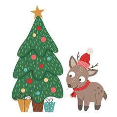 Vector cute little deer in red hat and scarf with fir tree and presents isolated on white background. Cute winter animal illustration. Funny Christmas character.