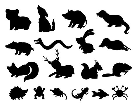 Set of vector hand drawn flat woodland animals silhouettes. Funny animalistic collection. Cute black and white forest illustration for children’s design, print, stationery.
