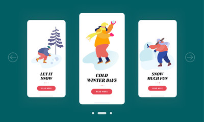 Snowballs Winter Time Outdoors Spare Time Mobile App Page Onboard Screen Set. People Snow Balls Fighting, Wintertime Season Vacation Concept for Website or Web Page, Cartoon Flat Vector Illustration