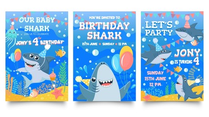 Invitation card with cute sharks. Baby shark birthday party, sharks family celebrate children birthday and invitations template. Sea party greeting card cartoon isolated vector illustration set