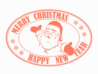 Christmas oval red stamp with the silhouette of a smiling Santa Claus