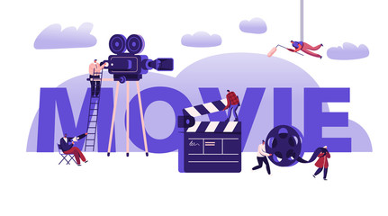 Movie Making Process Concept. Operator Using Camera and Staff with Professional Equipment for Recording Film. Clapperboard and Reel Film Poster Banner Flyer Brochure. Cartoon Flat Vector Illustration