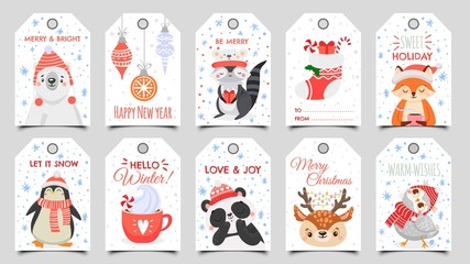Cute animals christmas tags. Holiday gift tag with winter owl, deer and bears. Happy animal celebrate xmas label, 2020 new year greeting or invitation card. Isolated cartoon vector icons set