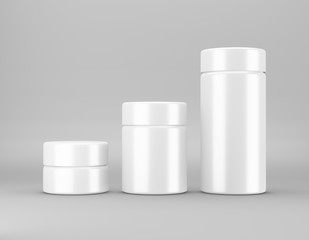 Set of white glossy jar mockup on gray background. Template packaging food, cosmetics, chemistry different size big, medium, small. 3D rendering