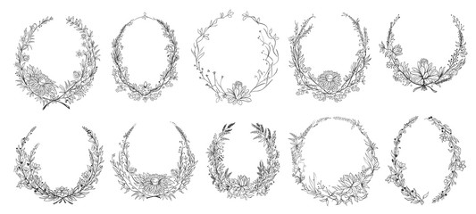 Hand drawn round floral frames. Sketch flower, leaves and branches decoration wreath. Circle flower frame, laurel wreath border or victorian branch vignette. Isolated vector symbols set - obrazy, fototapety, plakaty