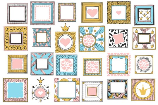 Hand drawn cute princess frames. Vintage color sketch frame, pink mirror border and doodle frames. Girly photo framing, retro princess card decoration. Isolated vector icons set