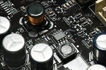 printed circuit board and microchip, or cpu closeup - electronic component for digital equipment,...