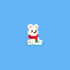 Pixel sitting polar bear with red scarf,Christmas.8bit.