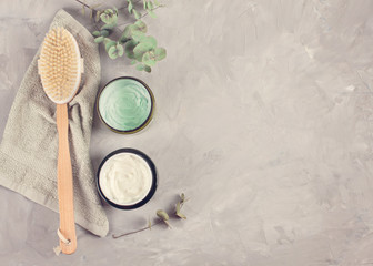 Various spa related objects on gray background, top view