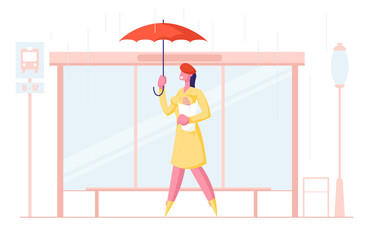 Woman City Dweller Holding Umbrella and Bread Stand on Bus Stop Waiting Transport in Rain on Urban Background in Spring Autumn Rainy Season Weather. Meteorology Storm Cartoon Flat Vector Illustration