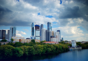 Moscow city on rive bank architecture background