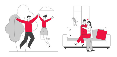 Happy Lovers Dating. Loving Couple Romantic Relations. Man Holding Woman on Hands Hugging and Kissing. . Connection Feelings Emotions Romance Lifestyle Love Cartoon Flat Vector Illustration, Line Art