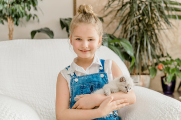 Little cute girl with kitten on sofa at home. portrait of a child with a kitten