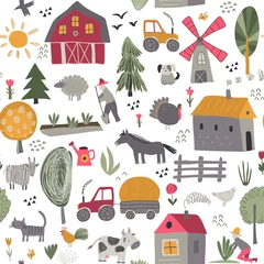 Vektornahtloses Muster mit niedlichen handgezeichneten Nutztieren, Bäumen, Häusern, Traktor, Mühle. © Andrei