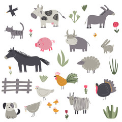 Vector collection of cute hand drawn farm animals.