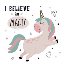 Vector greeting cards with cute unicorn, funny font.