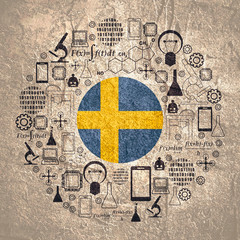 Innovation and technology concept. Circle frame with thin line icons. Flag of the Sweden