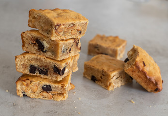 Blondie brownies with peanut butter and white chocolate. Homemade, delicious dessert.