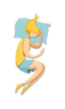 Young Woman Sleeping On Her Left Side Vector Illustration