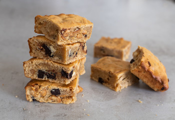 Blondie brownies with peanut butter and white chocolate. Homemade, delicious dessert.