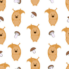 Squirrels and mushrooms. Seamless pattern. On a white background color image of squirrels and mushrooms. Vector illustration.