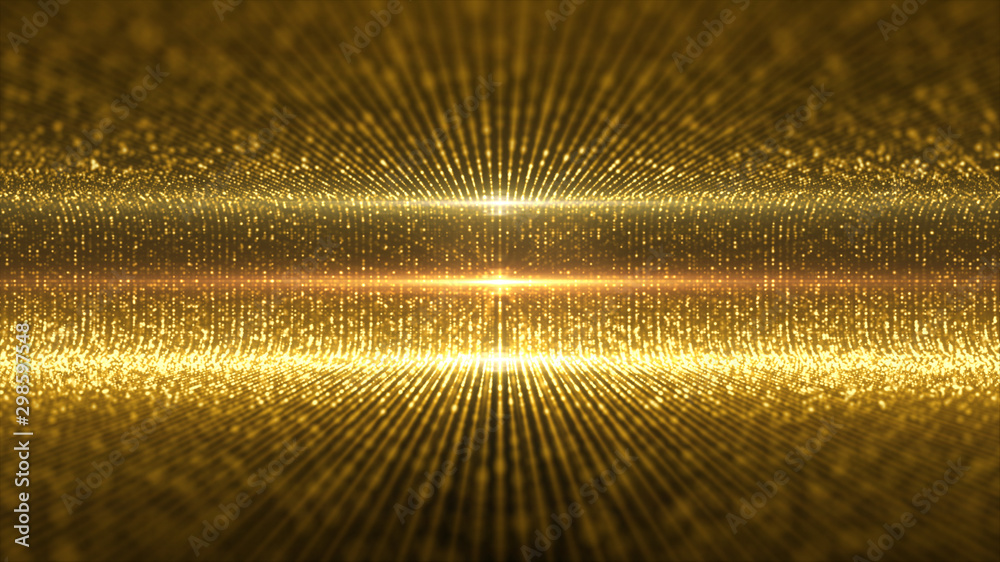 Fototapete Futuristic virtual stage golden particles and elegance lights abstract glittering pattern for stage performance show and video jockey loop background