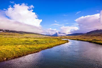 Fjord in Iceland among flat tundra shores