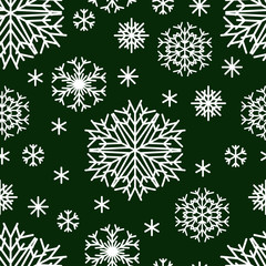  New Year's snowflakes. Seamless pattern. New Year and Christmas. White snowflakes on a dark green background. Vector illustration.