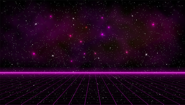 Retrowave pink laser perspective grid with bright horizon line and space nebula on starry background. Retrofuturistic cyber landscape illustration in the style of 1980s.