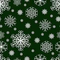 Naklejka na ściany i meble New Year's snowflakes. Seamless pattern. New Year and Christmas. White snowflakes on a dark green background. Vector illustration.