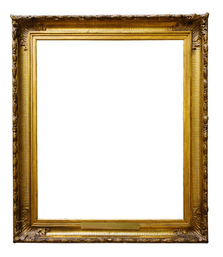 Picture gold wooden ornate frame for design on white  background