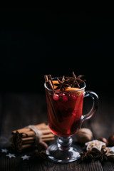 Christmas magic atmosphere, holiday weekend drink, home celebration. Winter still life with hot mulled wine and spices, copy space